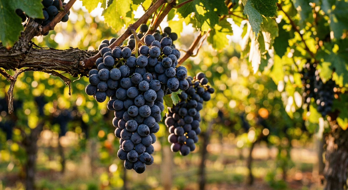 Rich purple wine grapes hanging on the vine in the Barossa Valley at golden hour