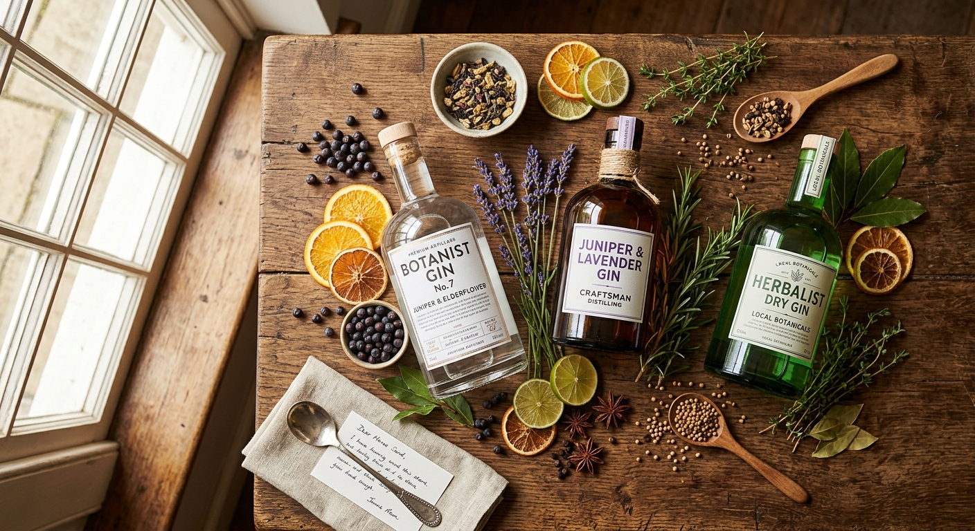 Artisan gin bottles with fresh botanicals on a rustic wooden bar