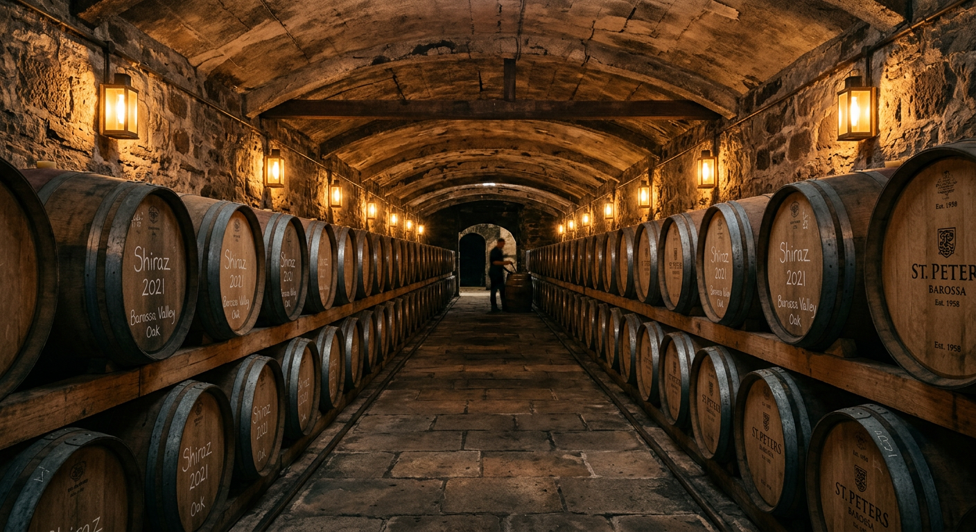 Rows of oak barrels in a stone wine cellar