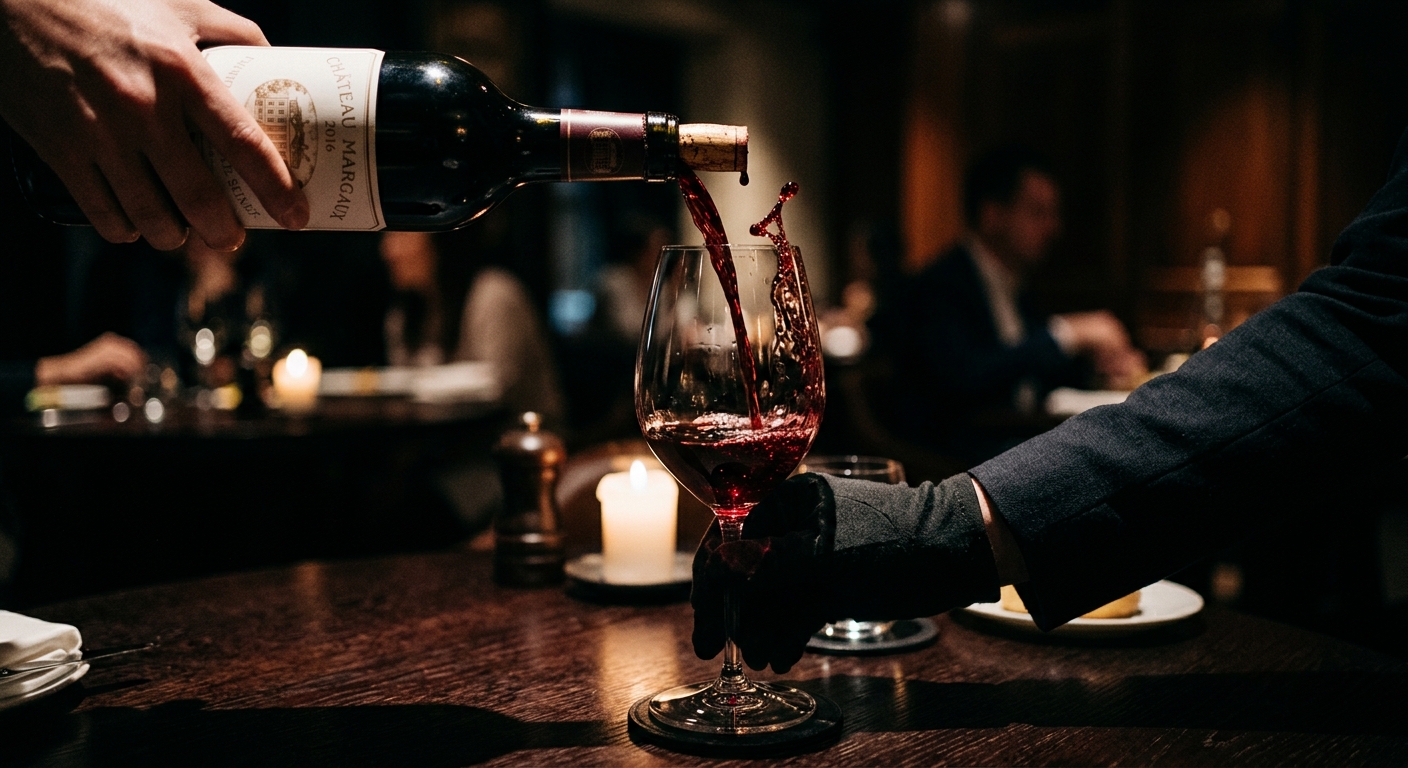 Deep red wine being poured into a crystal glass